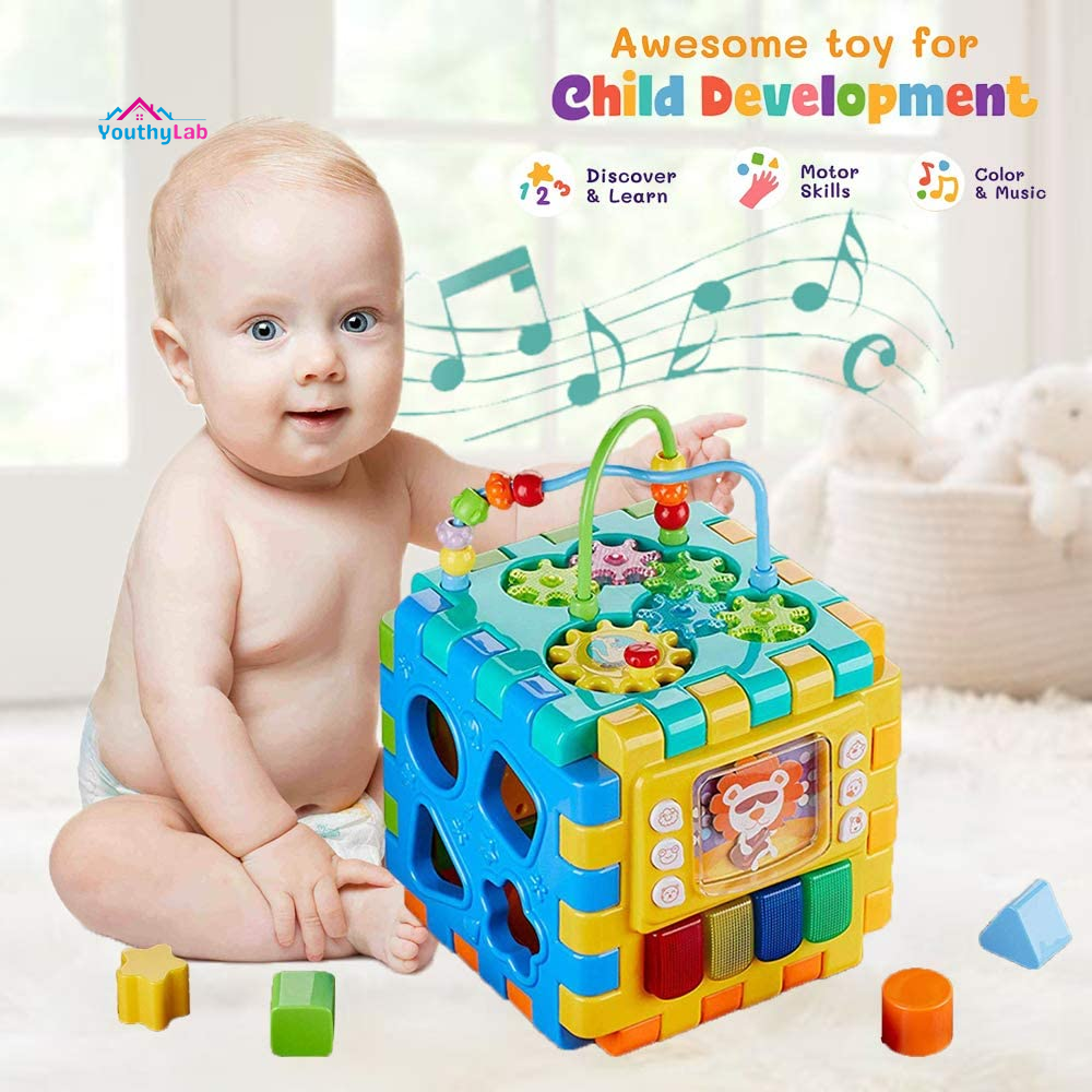 Baby Activity Cube Toddler Toys - 6 in 1 Shape Sorter Toys Baby Activity Play Centers for Kids Infants Educational Musci Play Cube Preschool Toys for 1 2 Years Old Boys & Girls(Battery Excluded)