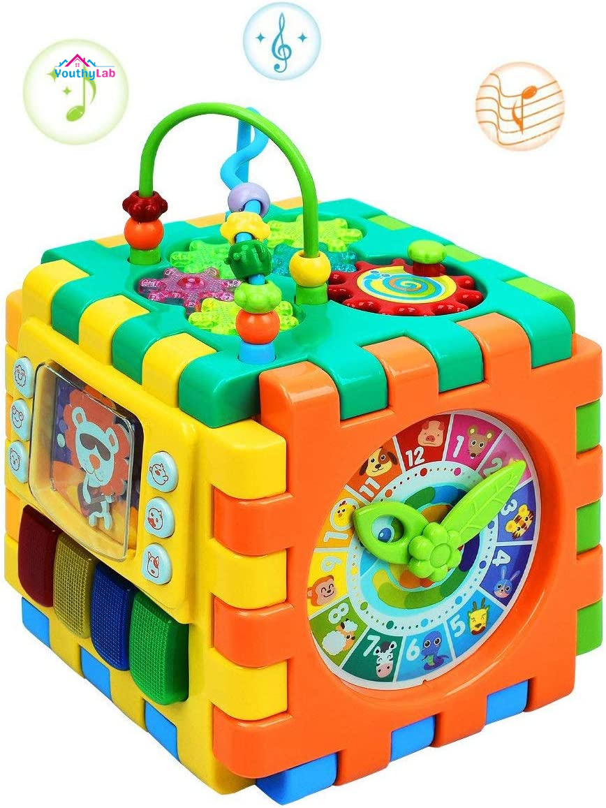 Baby Activity Cube Toddler Toys - 6 in 1 Shape Sorter Toys Baby Activity Play Centers for Kids Infants Educational Musci Play Cube Preschool Toys for 1 2 Years Old Boys & Girls(Battery Excluded)