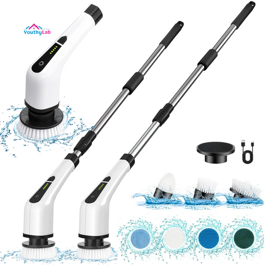 Electric Spin Scrubber, Cordless Bath Tub Power Scrubber with Long Handle & 7 Replaceable Heads, Detachable as Short Handle, Shower Cleaning Brush Household Tools for Bathroom & Tile Floor
