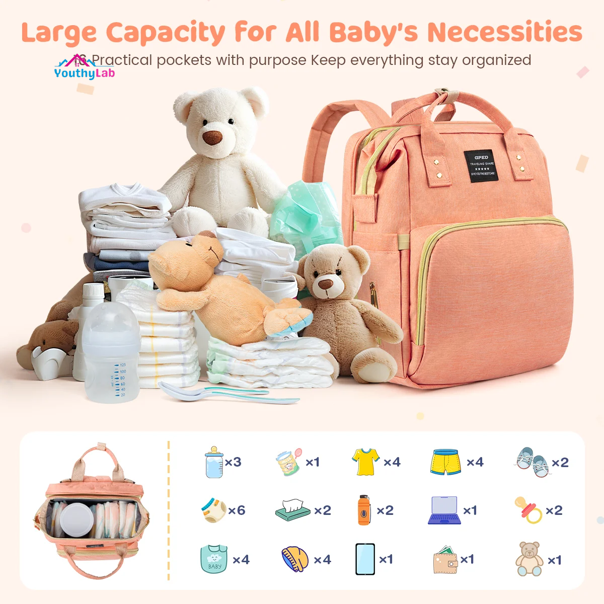 Diaper Bag Backpack, Multifunctional Baby Diaper Bags with Changing Station &Foldable Crib, Large Baby Bag for 0-6 Mouth Boys Girls W/ USB Charging Port&Stroller Strap, Mom Gifts Baby Essentials(Pink)