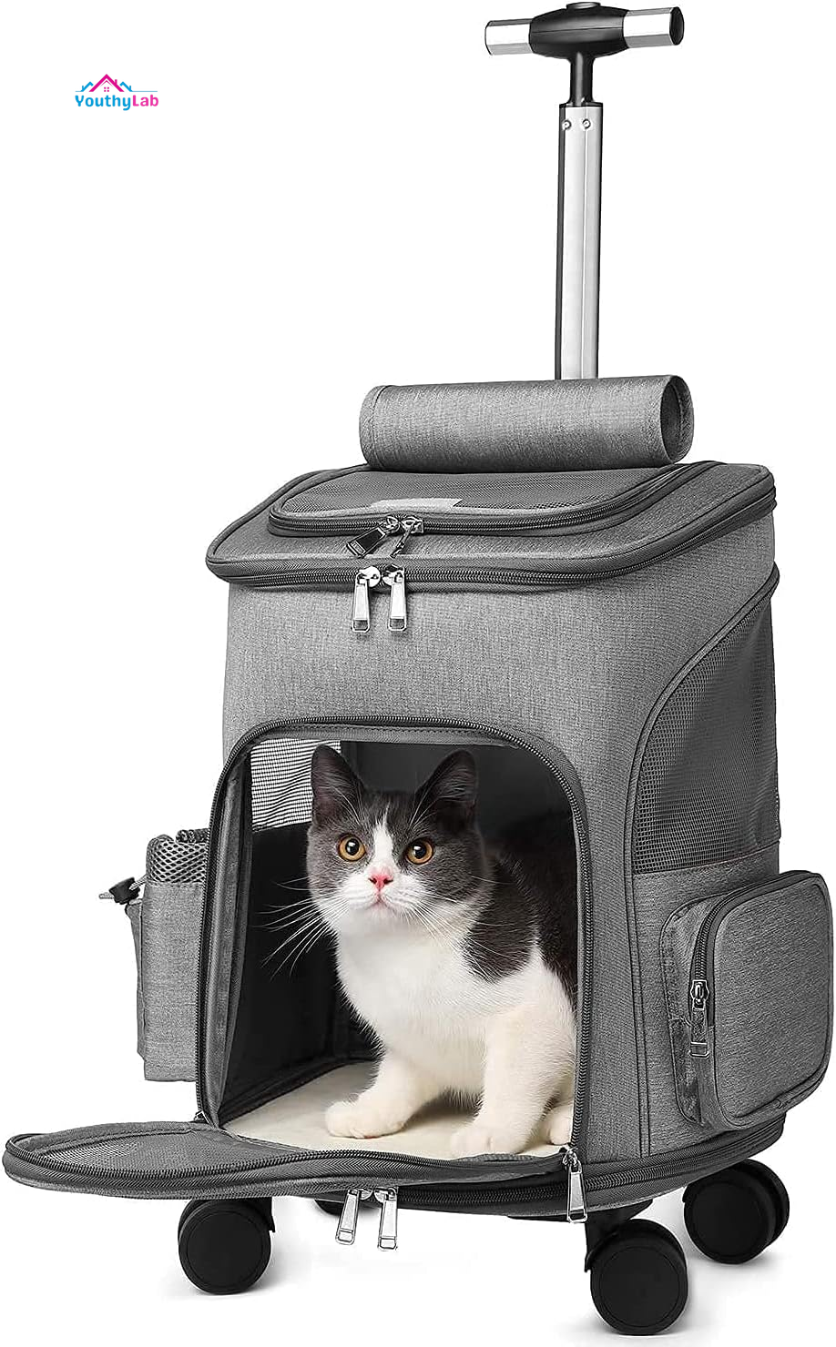 Airline Approved Pet Carrier Backpack with Wheels(Large Space),Rolling Backpack with Durable Handle and Flexible Wheels,Breathable Durable Mesh Panels(Most Airplane Approved)