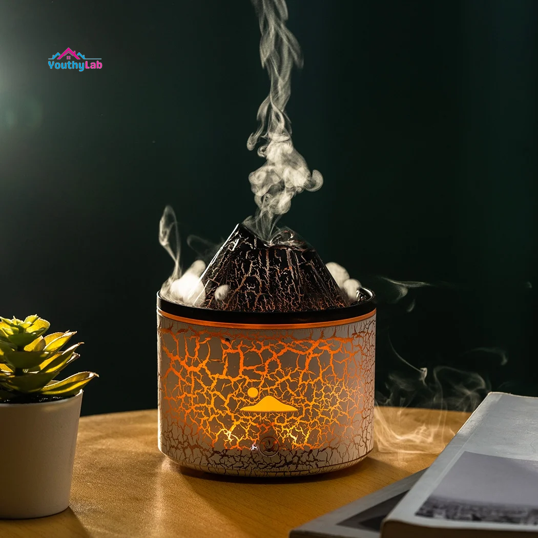 Diffuser Humidifier with 3D Flame and Volcano Effect,560Ml Aroma Essential Oil Diffuser with Remote Control,White