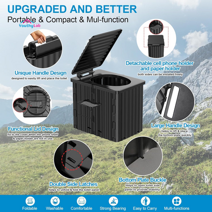 Upgraded Portable Toilet for Camping, 400LBS Portable Folding Toilet, Portable Camping Toilet for Adults W/Detachable Cell Phone Holder and Toilet Paper Holder, Black Porta Potty Travel Toilet