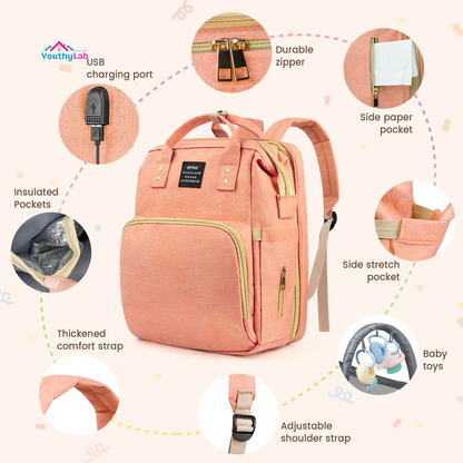 Diaper Bag Backpack, Multifunctional Baby Diaper Bags with Changing Station &Foldable Crib, Large Baby Bag for 0-6 Mouth Boys Girls W/ USB Charging Port&Stroller Strap, Mom Gifts Baby Essentials(Pink)