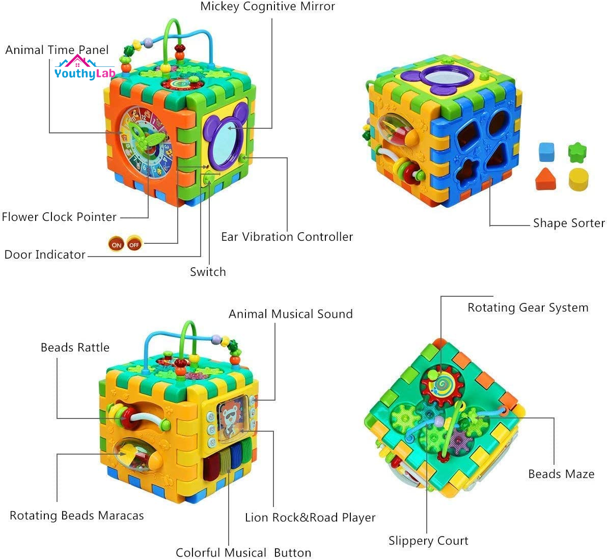 Baby Activity Cube Toddler Toys - 6 in 1 Shape Sorter Toys Baby Activity Play Centers for Kids Infants Educational Musci Play Cube Preschool Toys for 1 2 Years Old Boys & Girls(Battery Excluded)