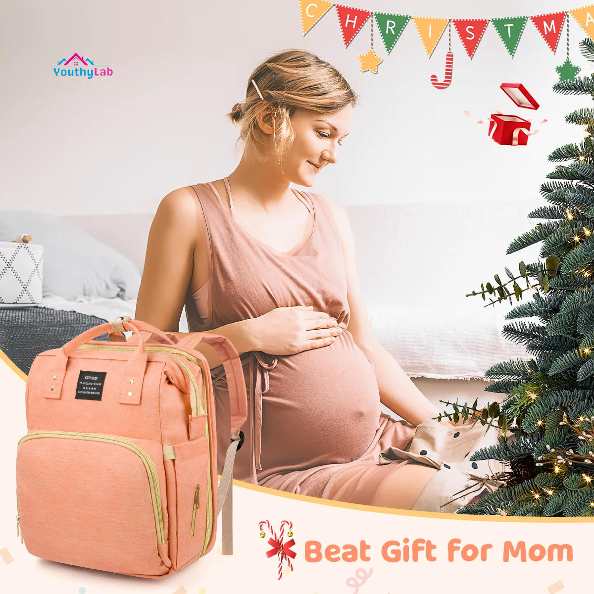 Diaper Bag Backpack, Multifunctional Baby Diaper Bags with Changing Station &Foldable Crib, Large Baby Bag for 0-6 Mouth Boys Girls W/ USB Charging Port&Stroller Strap, Mom Gifts Baby Essentials(Pink)