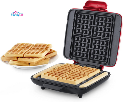 Deluxe No-Drip Waffle Iron Maker Machine 1200W + Hash Browns, or Any Breakfast, Lunch, & Snacks with Easy Clean, Non-Stick + Mess Free Sides, Red